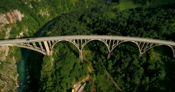 山中にあるヨーロッパで最も高い自動車橋の一つ Durdevica タラ アーク橋の空撮. — ストック動画