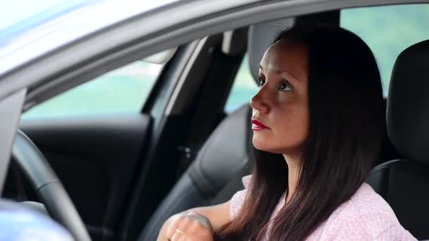 Hermosa mujer de negocios pinta los labios con lápiz labial rojo en el coche mientras está sentado en el coche . — Vídeo de stock