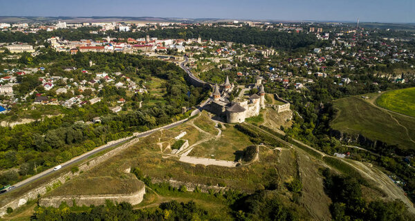 Aerial view of old fortress. Stone castle in the city of Kamenets-Podolsky. Beautiful old castle in Ukraine.