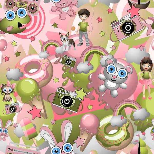 Seamless pattern with childish cartoon style elements, boy and girl, pets. Child concept wallpaper texture