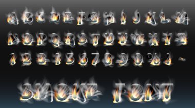 Duman yazı tipi ateşle. Dumanlı harfler ve sayılar. Alfabe. Yanan vektörel yazı tipi duman