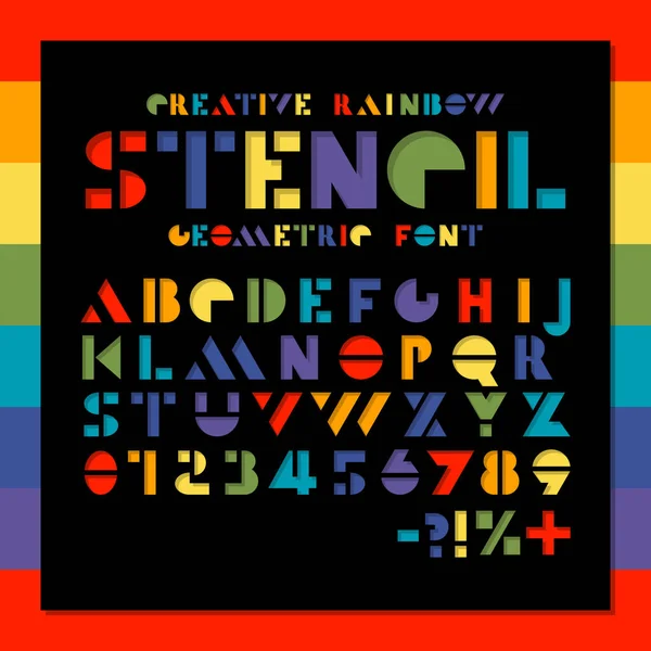 Rainbow stencil geometric font. Alfabeto de corte de papel colorido. Letras e números coloridos do buraco sans serif. Design criativo — Vetor de Stock