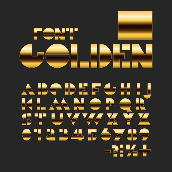 Fonte Golden stencil. Alfabeto metálico brilhante. Letras e números geométricos . — Vetor de Stock