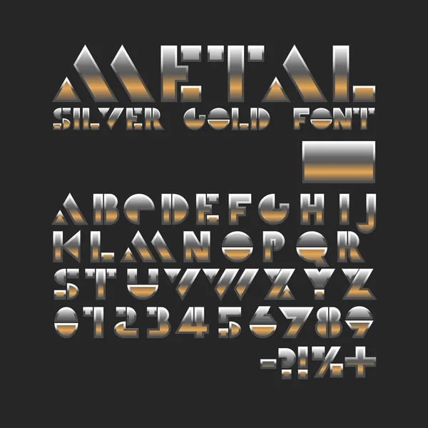 Metall Silber Gold Schrift. Schablonenalphabet. glänzende geometrische Buchstaben und Zahlen. — Stockvektor