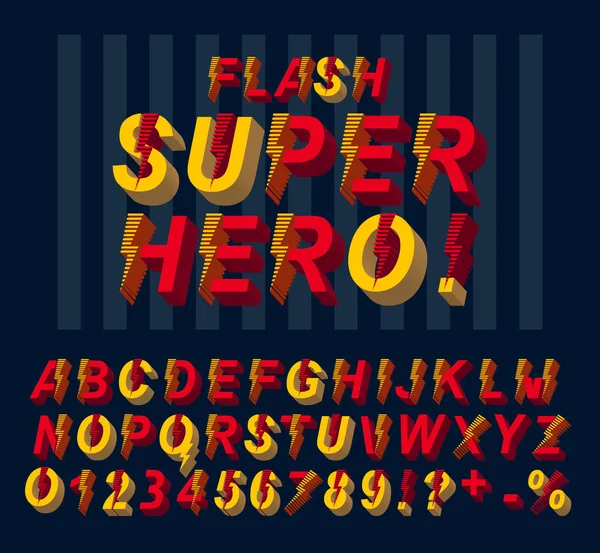 Σούπερ ήρωας flash γραμματοσειρά. 3D γράμματα του αλφαβήτου και αριθμών σε στυλ κόμικς. — Διανυσματικό Αρχείο
