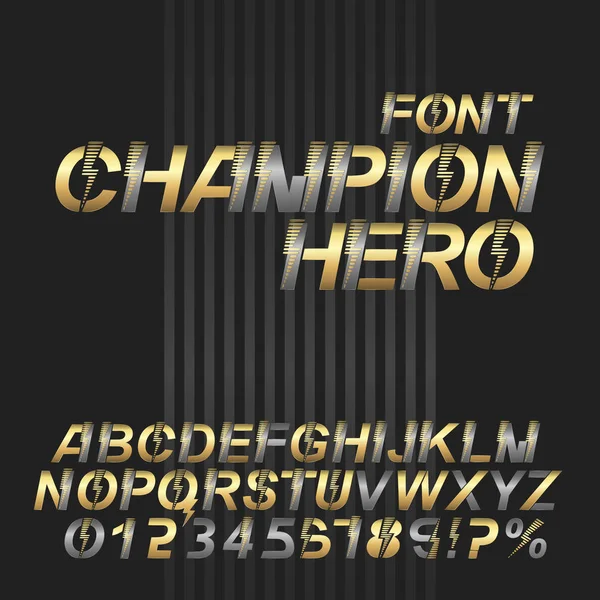 Champion Alfabeto fonte Super hero. Prata e ouro letras e números metálicos . — Vetor de Stock