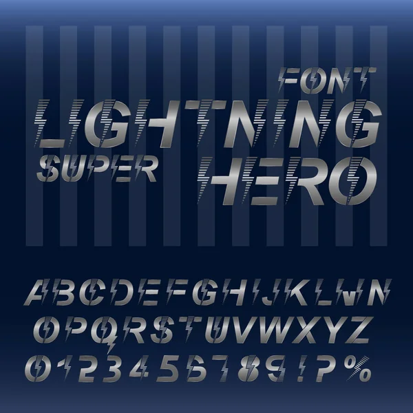 Lightning Super hero fonte alfabeto. Letras e números metálicos de prata . — Vetor de Stock