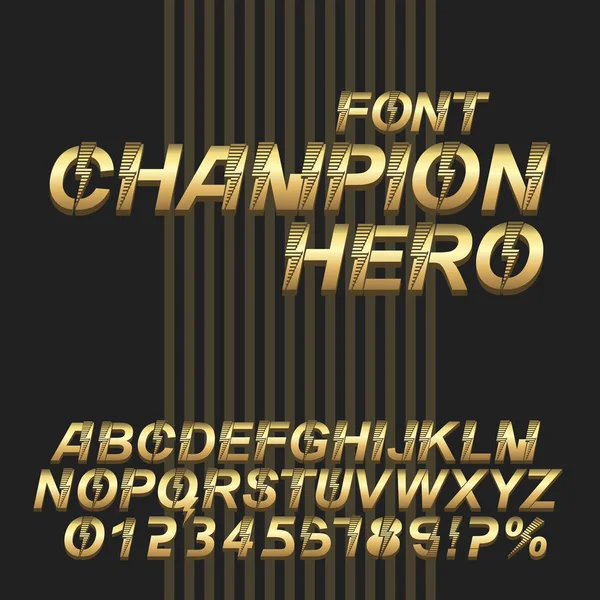 Champion Alfabeto fonte Super hero. 3D ouro letras e números metálicos . — Vetor de Stock