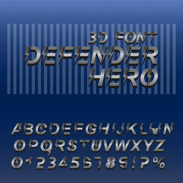 Fonte de super herói. Letras e números do alfabeto 3D em cores metálicas — Vetor de Stock