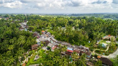 Tegallalang Yeşil Toprak Köyü 'nün havadan çekimi. Tegallalang yakınlarındaki yolda hediyelik eşya pazarı