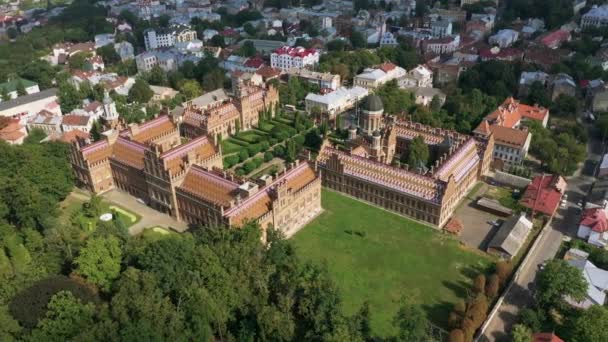 Aerial View of Chernivtsi National University. Seminary Church of the Three Saints. Seminar building. Panorama from left to right. — Stock Video