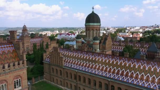 Aerial View of Chernivtsi National University. Seminary Church of the Three Saints. Seminar building. Zoom in. — Stock Video