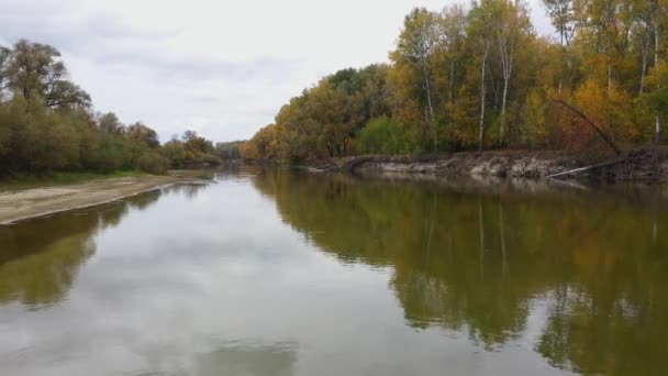 Vue aérienne du magnifique paysage fluvial à l'automne. Je fais avancer la caméra. Jour nuageux . — Video