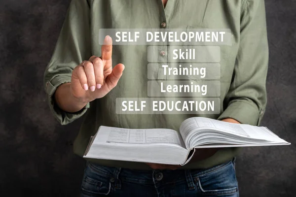 Self development, education, learnig, training, skill. Woman are clicking virtual screen.