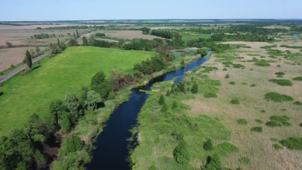 Vista aérea de la carretera entre el verde bosque de verano y el río azul — Vídeos de Stock