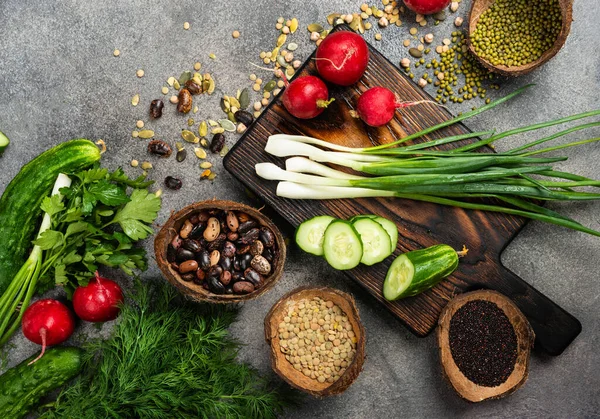 Vegan food ingredients Top view.