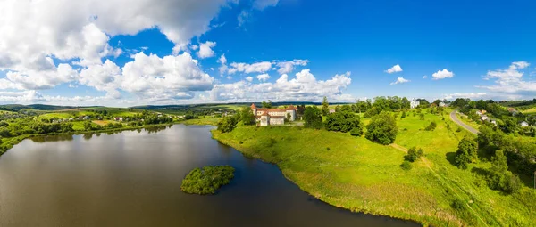 Svirzh castle in Lviv region Ukraine aerial panorama view. — Stock Photo, Image