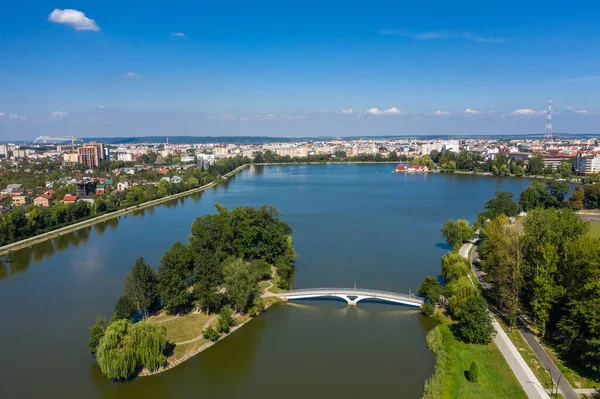 Stock image Big public lake and an island in the center of Ivano-Frankovsk city aerial view.