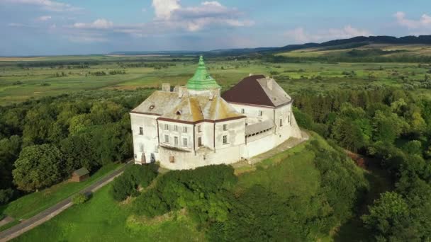 Oud Olesky kasteel in Oekraïne luchtfoto uitzicht. — Stockvideo