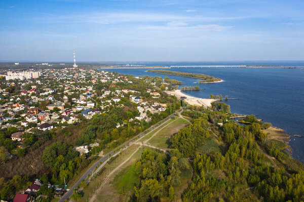 The Cherkasy city beautiful aerial panorama view of the Dnieper river.