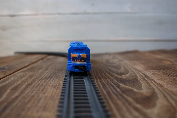 Toy Locomotive Railway Wooden Background — Stock Photo, Image