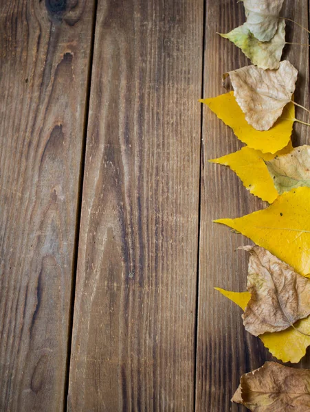 Sfondo Autunno Foglie Gialle Sfondo Legno — Foto Stock