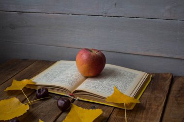 sarı bir açık kitap elma kestane ahşap arka plan üzerinde bırakır.