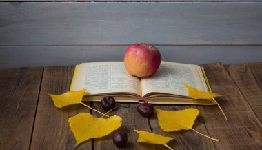 sarı bir açık kitap elma kestane ahşap arka plan üzerinde bırakır.