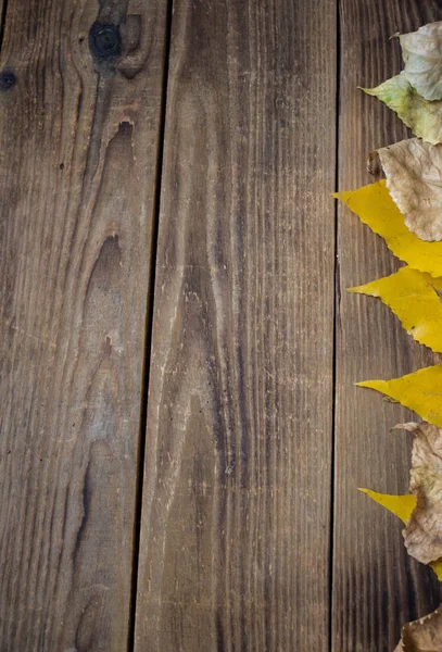 Um fundo outono folhas amarelas no fundo de madeira — Fotografia de Stock