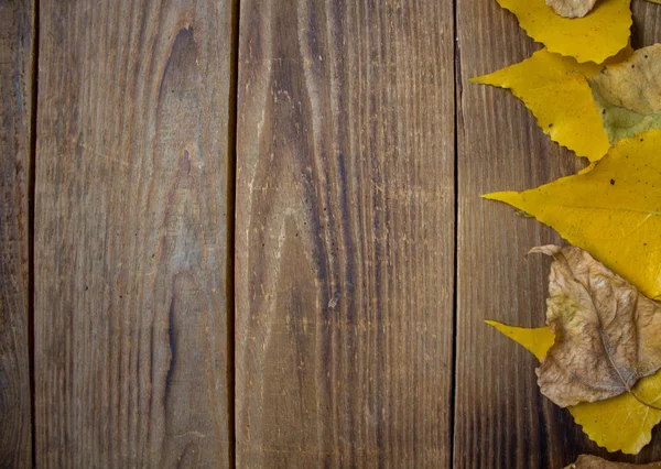 Um fundo outono folhas amarelas no fundo de madeira — Fotografia de Stock