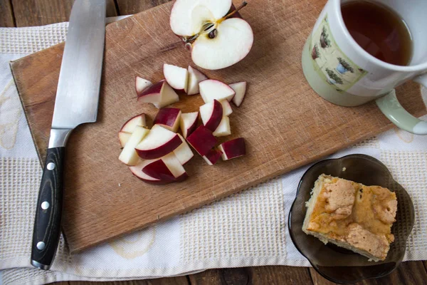 Apple Pie Knife Tea Wooden Stand — Stock Photo, Image