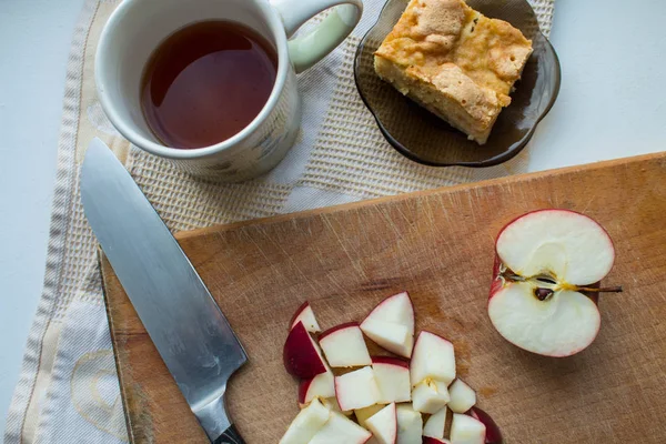Jablečný Koláč Nůž Čaj — Stock fotografie