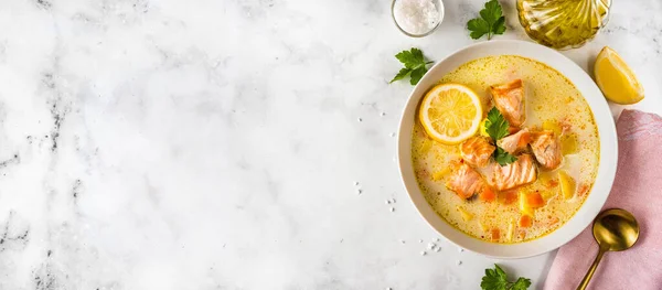 Top View Healthy Creamy Salmon Soup Plate White B