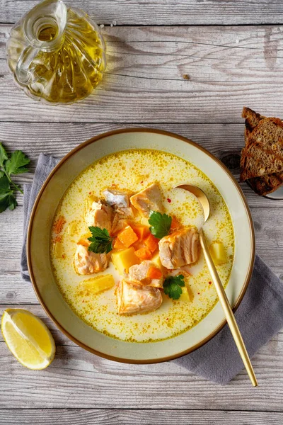 Close up of a plate with salmon cream soup — Stock Image Close up of a plate with salmon cream soup Stock Picture