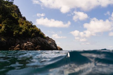 Deniz seviyesinden güzel bir manzara güneşli bir yaz gününde kayalık, ormanlık bir uçuruma bakıyor..