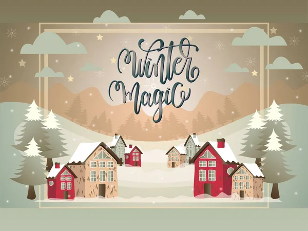 Ilustración de dibujos animados con pueblo nevado y tierra de Navidad casada — Vector de stock