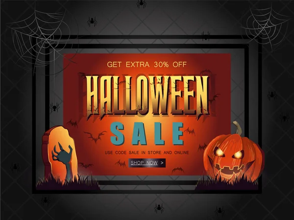 Halloween Venta vector ilustración con calabaza y respaldo naranja — Vector de stock