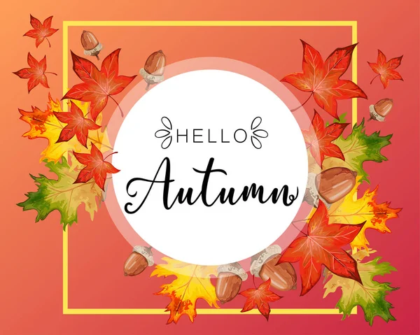 Banner Para Hello Autumn Con Coloridas Hojas Otoño Temporada Bellotas — Vector de stock