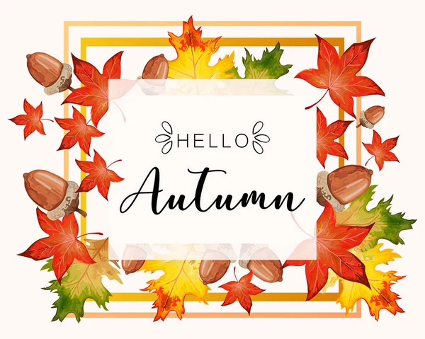 Hola Letras de otoño en otoño marco hojas decorativas . — Vector de stock