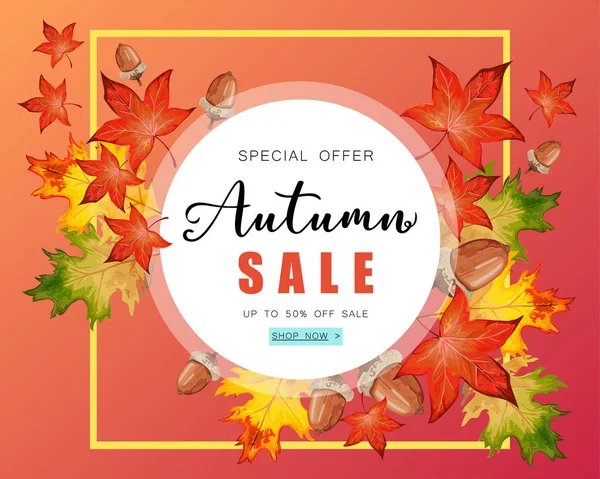 Banner circular para la venta de otoño con hojas de otoño . — Vector de stock