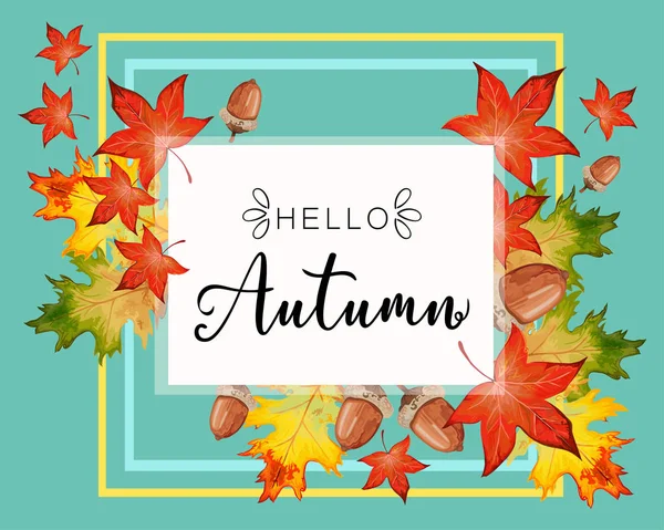 Hola Letras de otoño en otoño marco hojas decorativas . — Vector de stock