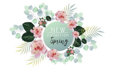 Gül çiçek ve okaliptüs ile yeni koleksiyonu büyük başlığı.