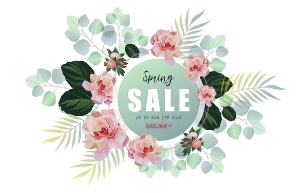 Banner de venta de primavera con flores de rosas y eucalipto . — Vector de stock