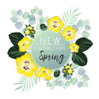 Yeni koleksiyon afiş ile kır çiçekleri ve okaliptüs.