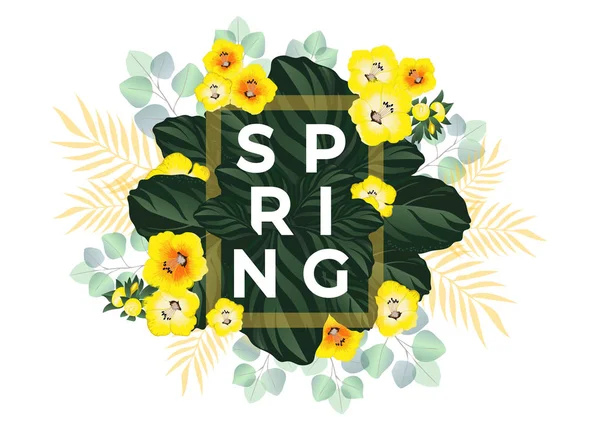 Banner de primavera con flores silvestres y eucalipto . — Vector de stock