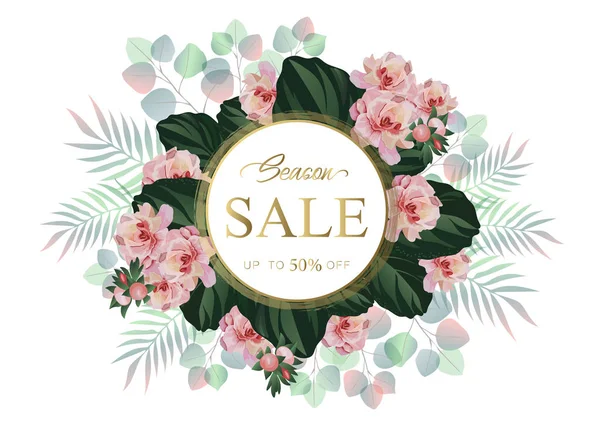 Banner de venta de primavera con flores silvestres y eucalipto . — Vector de stock