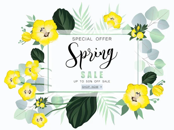 Banner de venta de primavera con flores silvestres y eucalipto . — Vector de stock