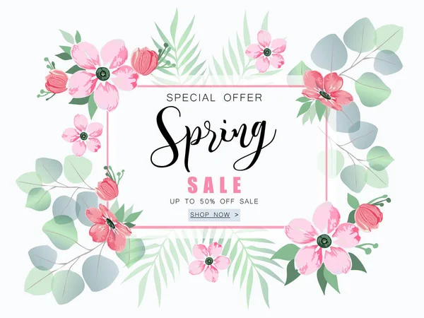 Banner de venta de primavera con flores de sakura y eucalipto . — Vector de stock