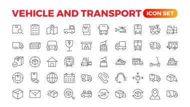 Ulaşım, araç ve dağıtım elementleri - minimal ince çizgi ağ simgesi seti. Taslak simge koleksiyonu. otomobil, motor, scooter, buldozer, otobüs, teleferik, araba, helikopter.