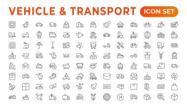 Ulaşım, araç ve dağıtım elementleri - minimal ince çizgi ağ simgesi seti. Taslak simge koleksiyonu. otomobil, motor, scooter, buldozer, otobüs, teleferik, araba, helikopter.